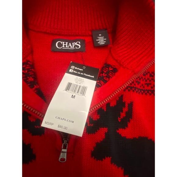 NWT Chaps Men’s Medium Moose Fair Isle 1/4-Zip Red Sweater Fall Winter Cabincore - Picture 7 of 7